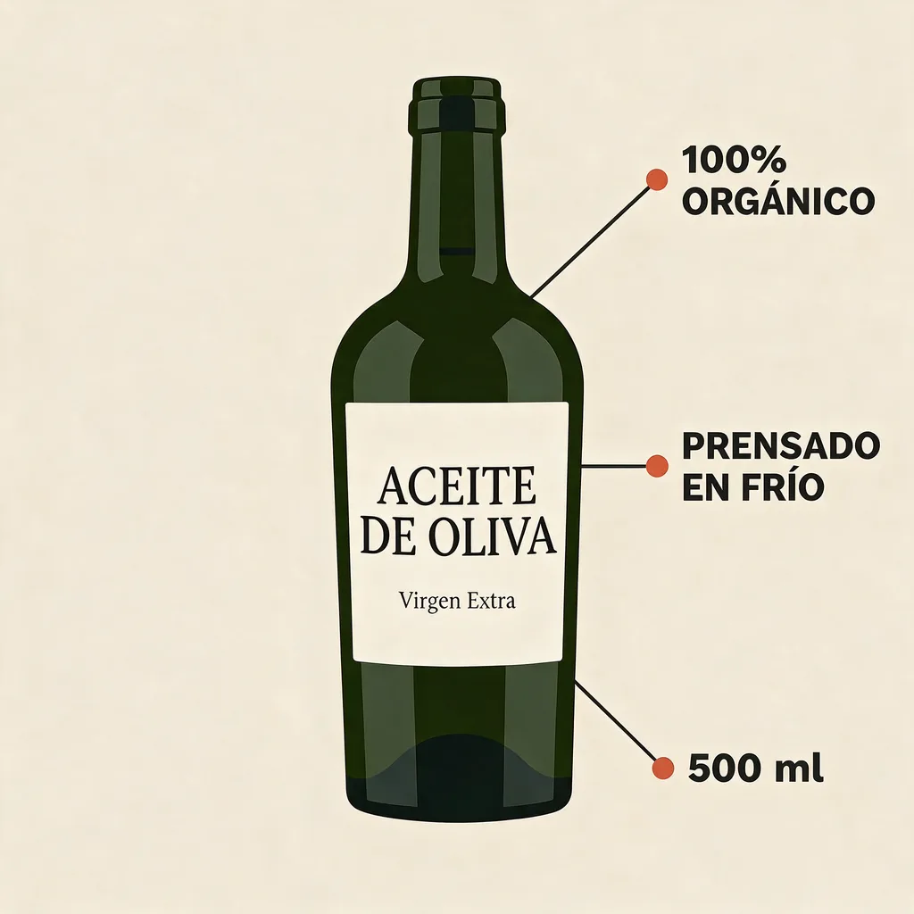 The same olive oil infographic with callouts translated into Spanish, layout unchanged