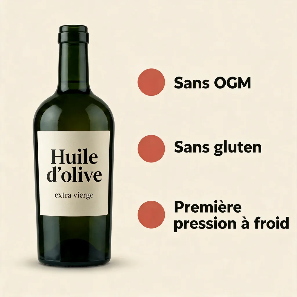 The same olive oil infographic with callouts translated into French, layout unchanged