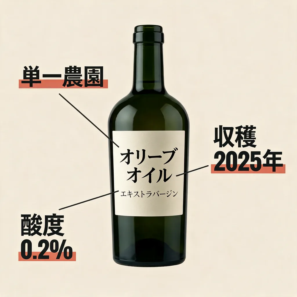 The same olive oil infographic with callouts translated into Japanese, layout unchanged
